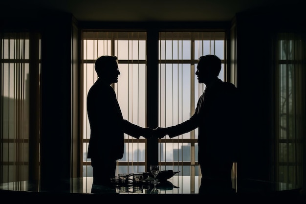 Two men shaking hands in front of a window with the sun shining through the window behind them.