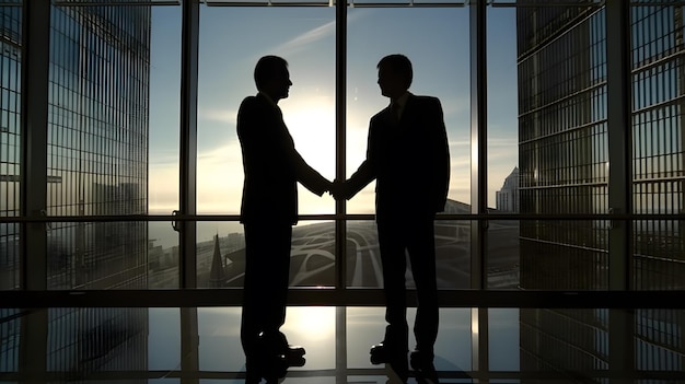 Two men shaking hands in front of a window with the sun behind them