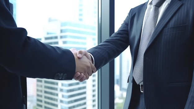 Two men shaking hands in front of a window