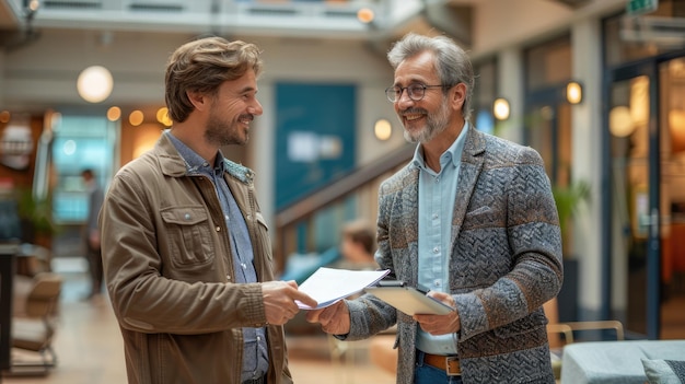 Photo two men shaking hands inside an office setting