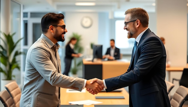 two men shaking hands in a meeting in an office