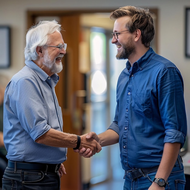 Photo two men shaking hands in an office environment