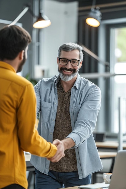 Photo two men shaking hands in an office setting