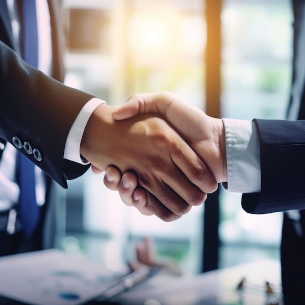 Two men shaking hands in an office with a blue background