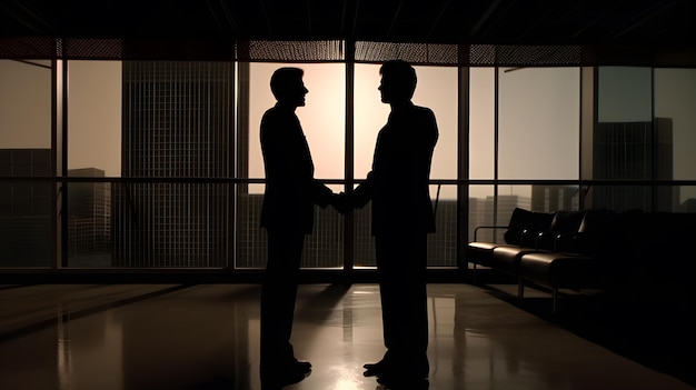 Two men shaking hands in an office with a window behind them.