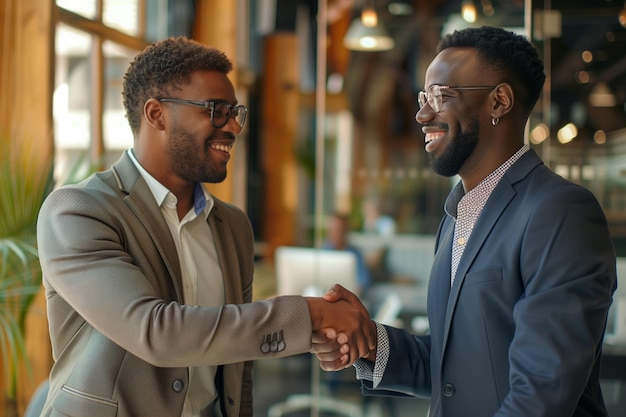 two men shaking hands one of them is shaking hands the other is wearing a suit