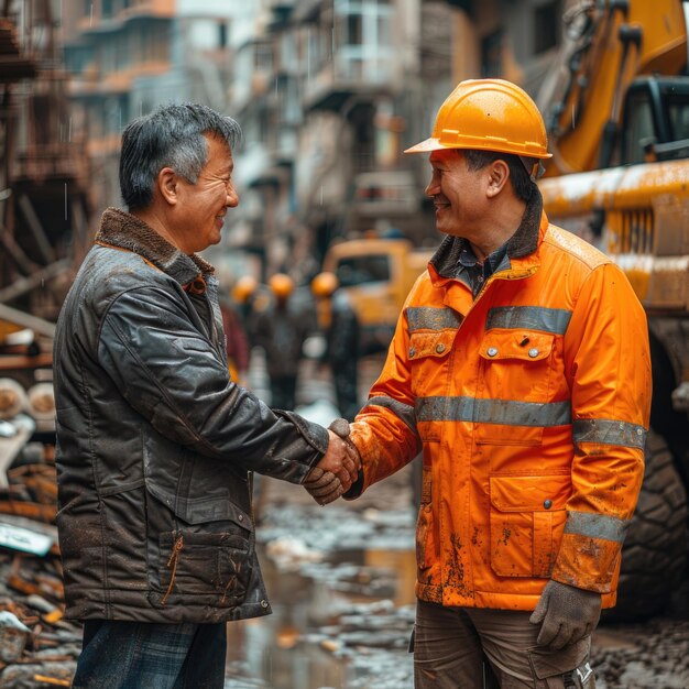 two men shaking hands one wearing an orange jacket and the other wearing an orange vest