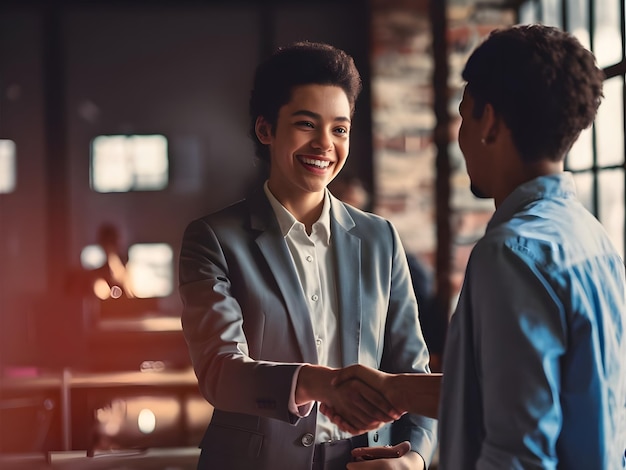 two men shaking hands one of which is wearing a suit