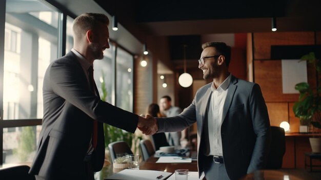 Photo two men shaking hands in a restaurant one of which is shaking hands