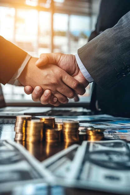 two men shaking hands over stacks of money