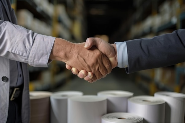 Two men shaking hands in a warehouse