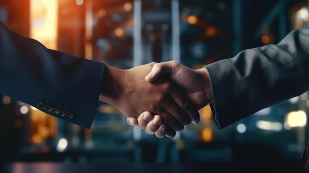 Two men shaking hands with a background of industrial buildings in the background