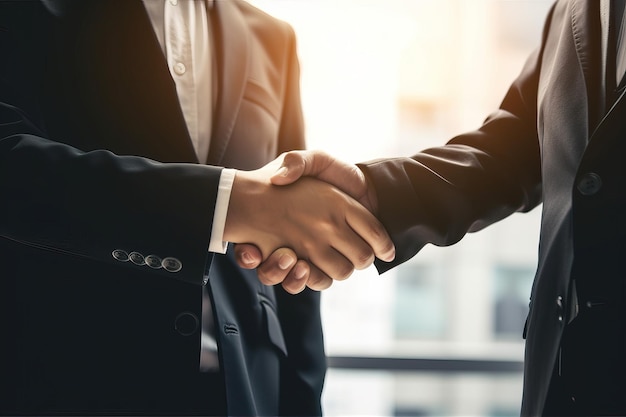 Two men shaking hands with a city in the background