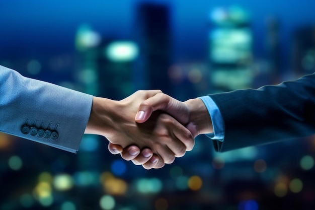 Two men shaking hands with a city in the background