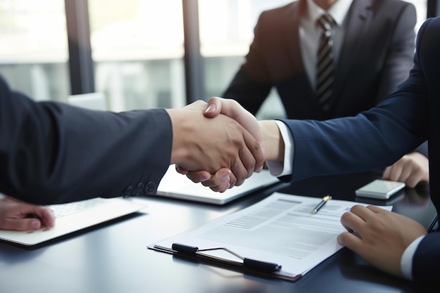 Two men shaking hands with a document in the background