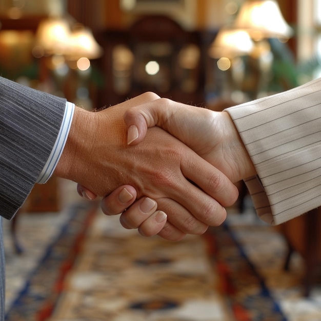 two men shaking hands with one another in a room