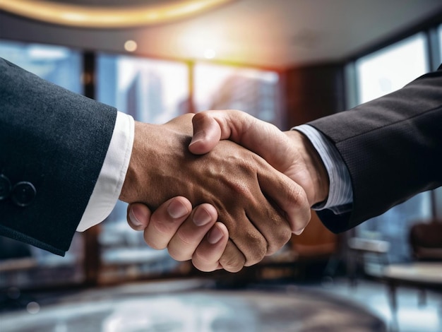 two men shaking hands with one being shaking hands in front of a blurry background