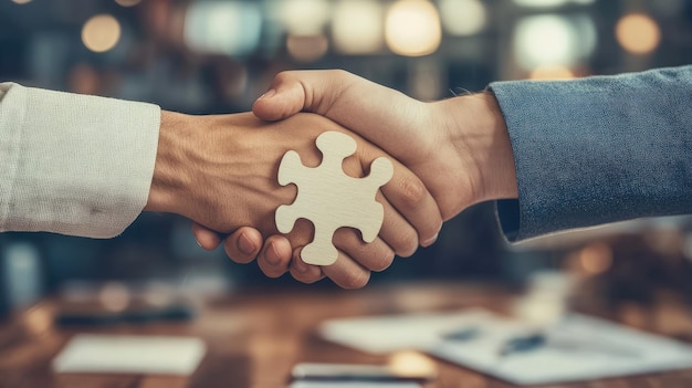 Photo two men shaking hands with one that has the other holding a puzzle piece