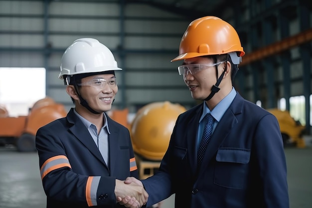 Two men shaking hands with one wearing a safety helmet and the other wearing a safety helmet.