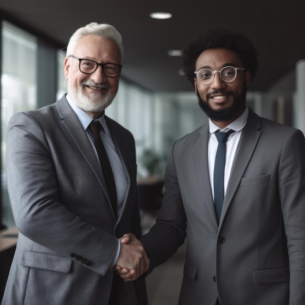 Two men shaking hands with one wearing a suit and the other wearing a tie.