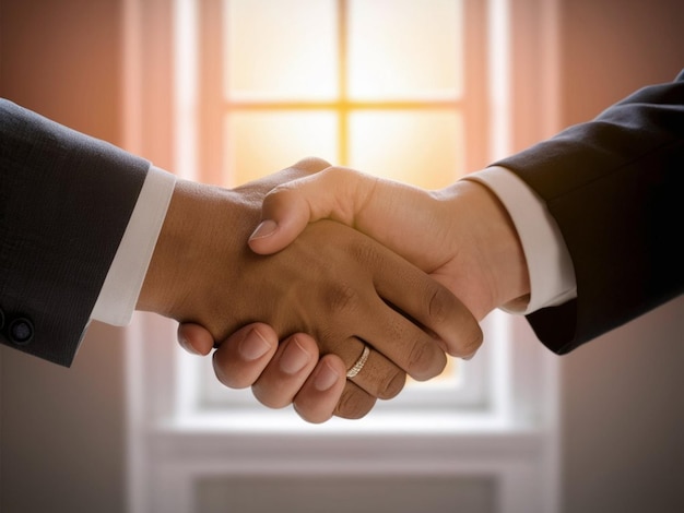 two men shaking hands with a window behind them