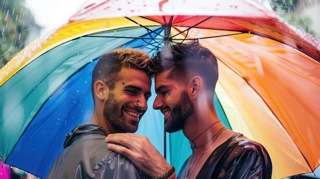 Photo two men sharing a tender moment embracing under a rainbow umbrella during a rain shower