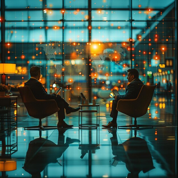 two men sit in a conference room one of which is a glass wall with a man sitting at a table