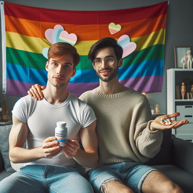 Photo two men sit on a couch and hold up a can of paint