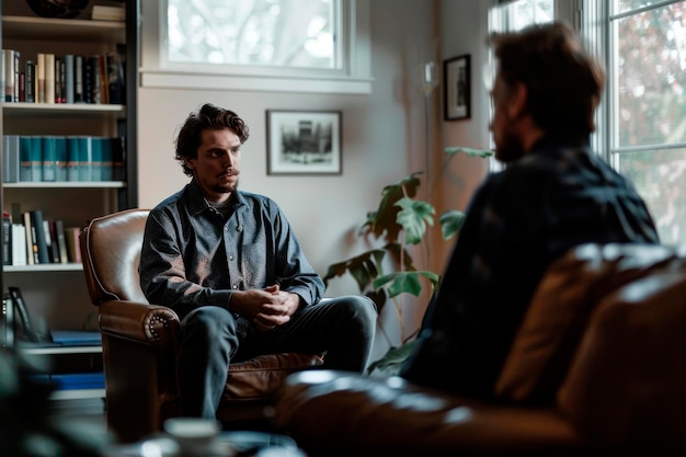 Photo two men sit on a couch and talk to each other