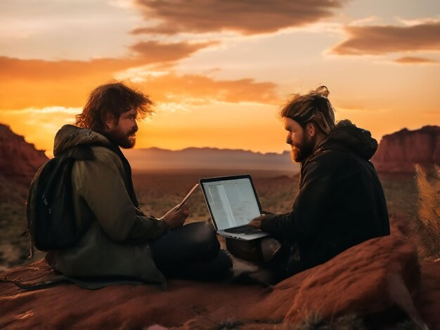 Photo two men sit in a desert with a laptop and the sunset behind them