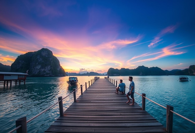 two men sit on a dock with mountains in the background