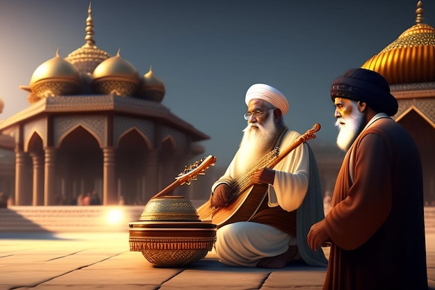 Two men sit in front of a mosque and one of them is playing a tambourine.