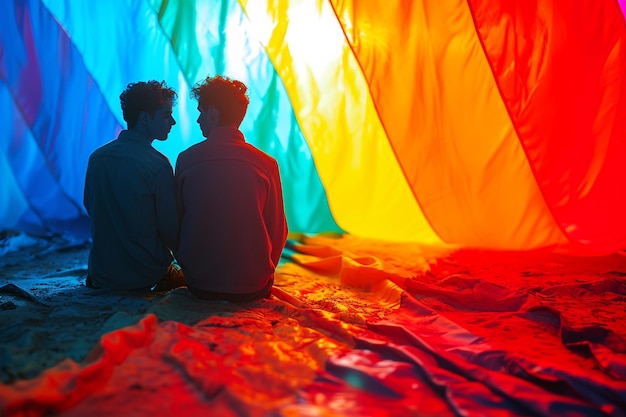 Photo two men sit in front of a rainbow colored tent