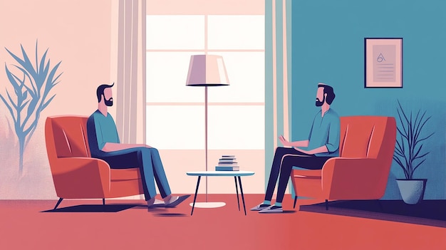 two men sit in a living room one reading a book