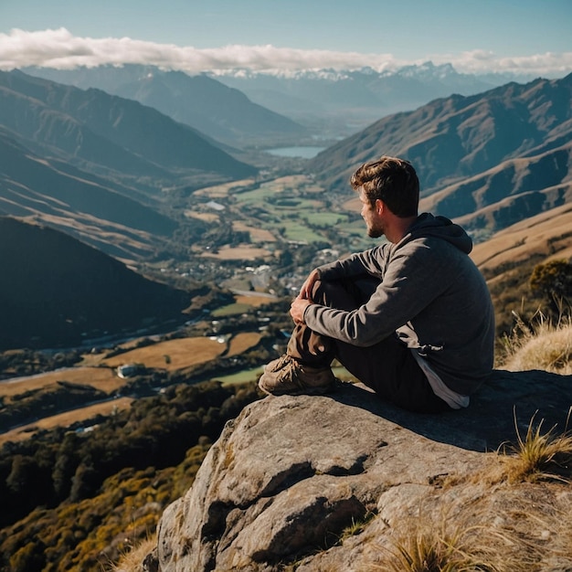 Photo two men sit on a mountain top with mountains in the background