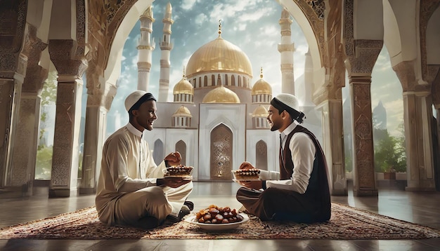 two men sit on a rug with plates of food and a mosque in the background