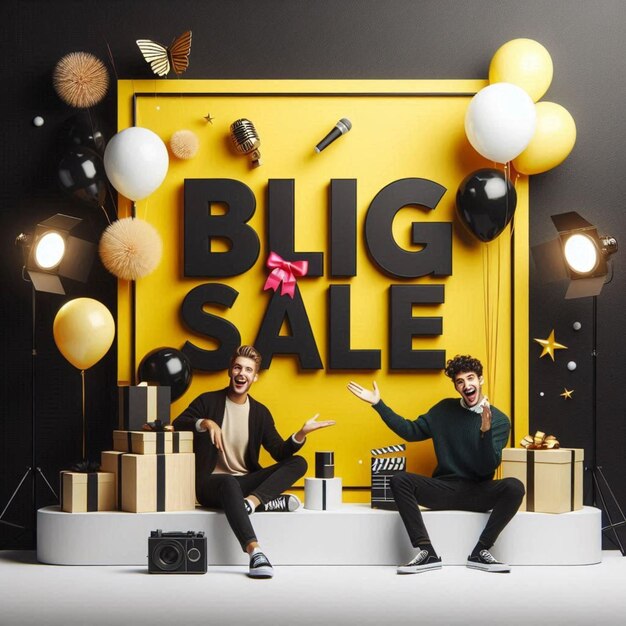 Photo two men sit on stage with a sign that says big sale