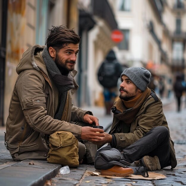 two men sit on the street one of them is wearing a hat