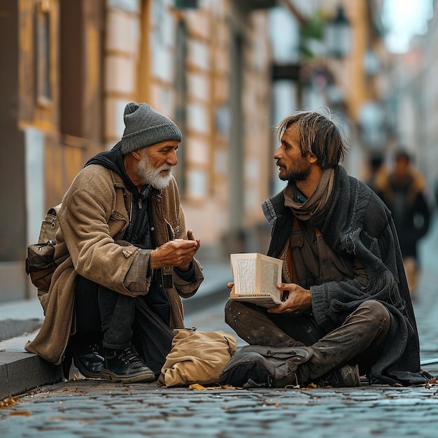 two men sit on the street one of which has a book in his hand