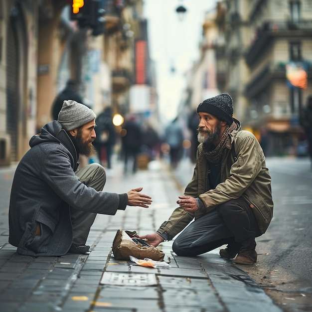 two men sit on the street one of which says quot free quot