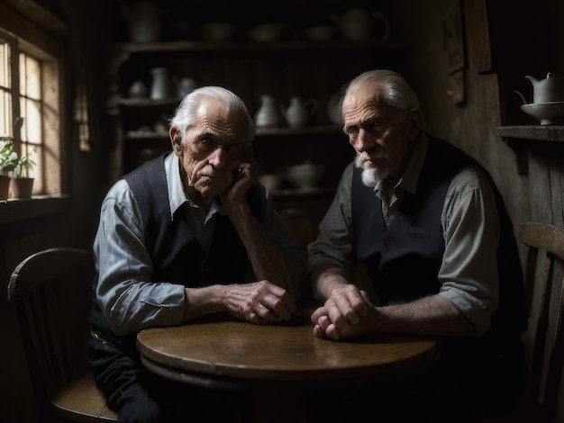 Two men sit at a table in a dark room one of which says'old men '