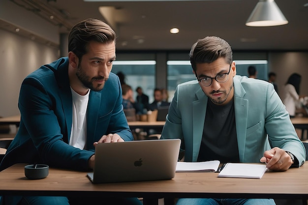 Two men sit at a table and one of them is looking at a laptop screen