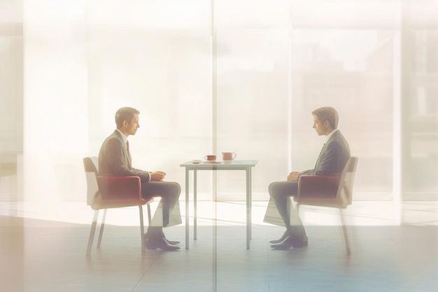 Two men sit at a table with a glass wall behind them.