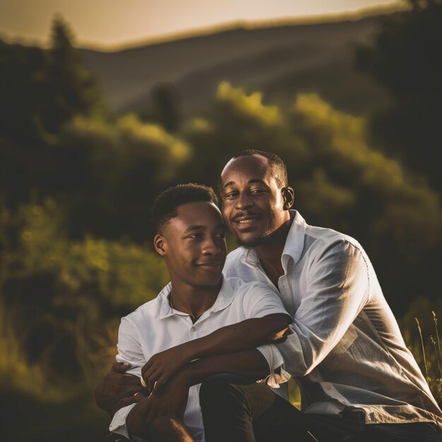 Photo two men sit together in a field with a mountain in the background