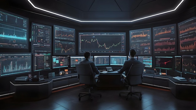 two men sitting in a control room with a lot of screens showing some data