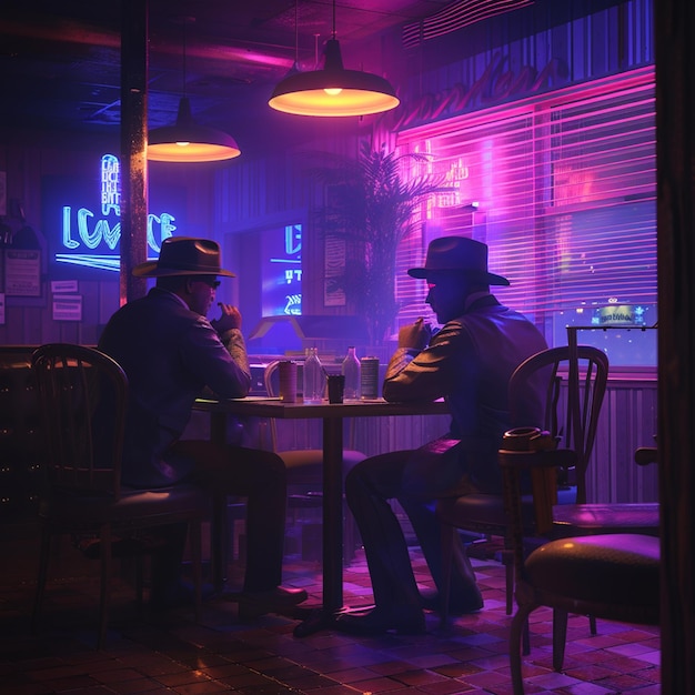 two men sitting at a table in front of a neon sign that says love on it