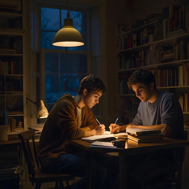 two men sitting at a table with a lamp on it