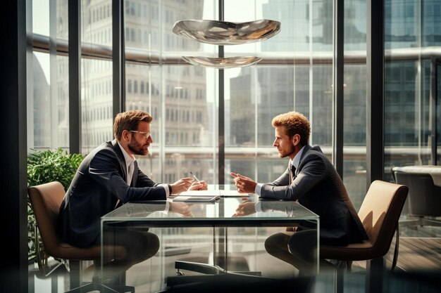 Photo two men sitting at a table with a large bird on the top of the glass