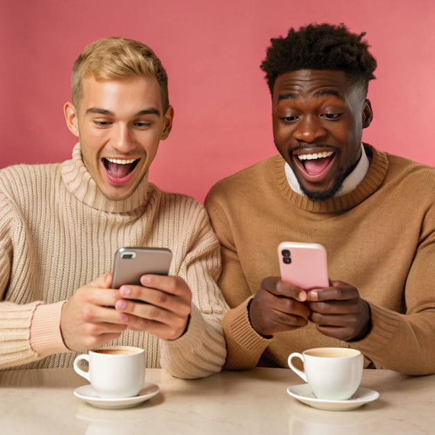 Photo two men sitting at a table with two phones and one of them has a pink phone in front of them