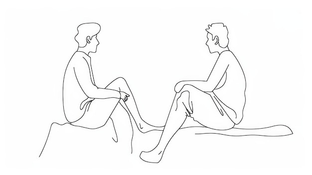 Two Men Sitting and Talking A simple line drawing of two men sitting and talking the image is min